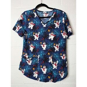 Frosty The Snowman Scrub Top S Blue Holiday Christmas Print